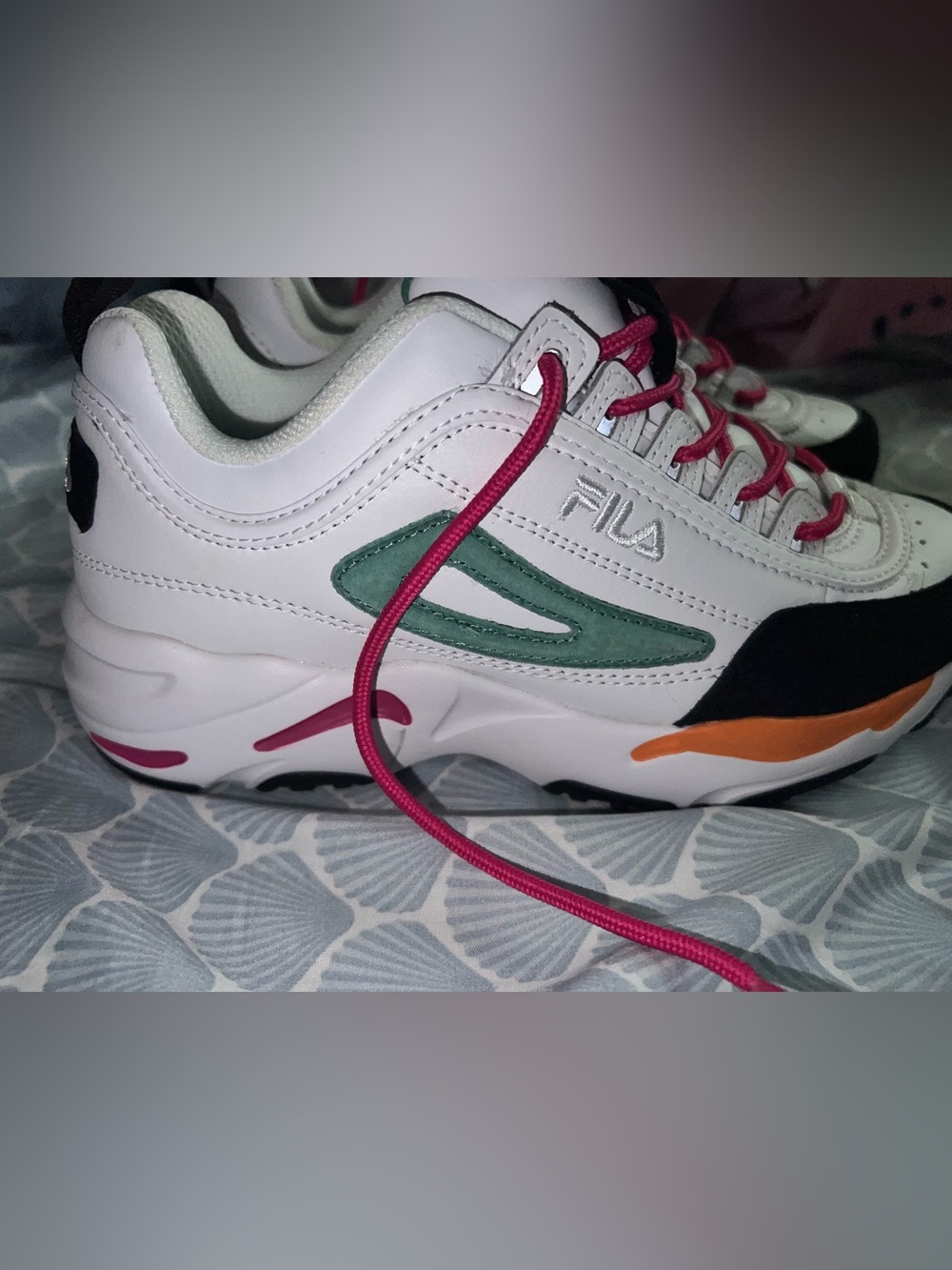 FILA White Sneakers with Green Panel, Pink Laces & Orange Accent